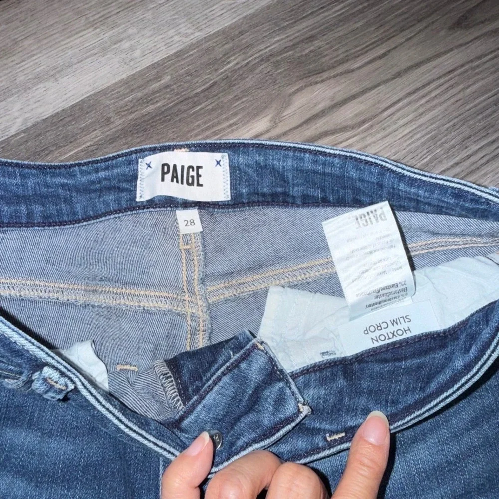 Paige Hoxton Slim Crop Jeans 28 Blue High Rise Raw Hem Designer Denim Casual - Picture 3 of 7